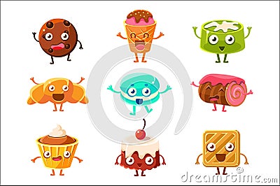 Set of funny dessert characters - croissant, cupcake, cake, tiramisu, pretzel, macaroon, cartoon style vector Vector Illustration