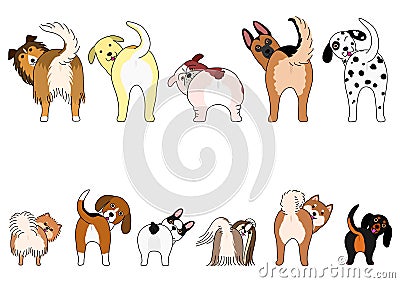 Set of funny dogs showing their butts Vector Illustration