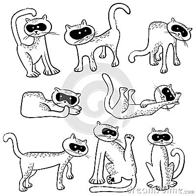 Set with funny doodle cats. Collection with domestic pets in inc Vector Illustration