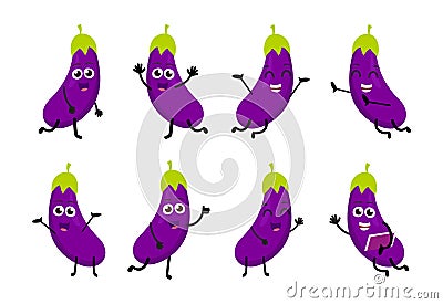 Set of funny eggplant vegetable cartoon character Vector Illustration