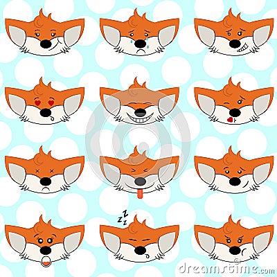 Set of funny fox emoticons - smiling orange foxes with different emotions from happiness to angry. Can be used for logos, icons. Vector Illustration