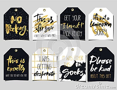 Set of 8 funny gift tags. Lettering and doodles Vector Illustration