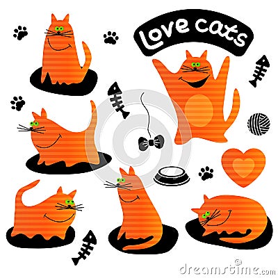 Set of funny ginger cats. Vector Illustration