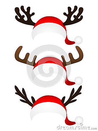 Set of funny hat Santa Claus with reindeer horns on a white b Vector Illustration