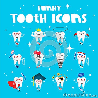 Set of funny icons of teeth Vector Illustration