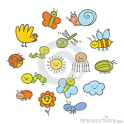 Set of funny insects in a children`s style Vector Illustration