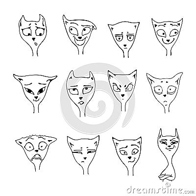 A set of funny muzzle cats with different emotions. Vector Illustration