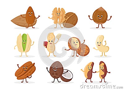 Set of funny nuts cartoon characters smiling with hands and legs isolated on white background. Cheerful nuts mascots in Vector Illustration