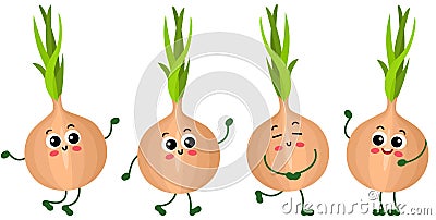 Set of funny onion mascot in different positions Vector Illustration