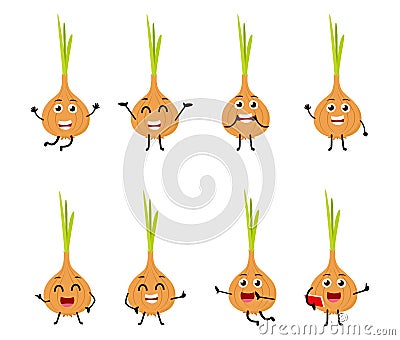 Set of funny onion vegetable cartoon character Vector Illustration