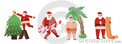 Set of Funny Santa Claus Character, Winter Holiday Personage in Traditional Red Costume Decorate Tree, Relax on Beach Vector Illustration