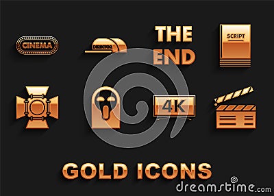 Set Funny and scary ghost mask, Scenario, Movie clapper, , spotlight, The End handwritten inscription, Cinema poster Vector Illustration