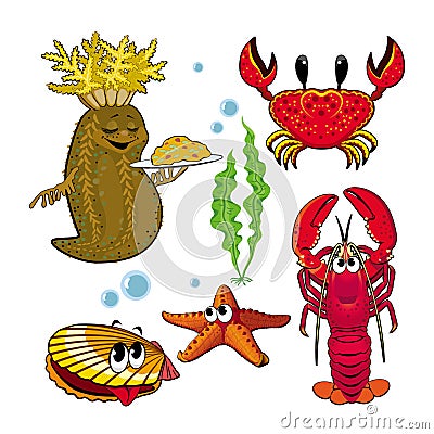 Set of funny sea animals with cucumaria and Omar Stock Photo