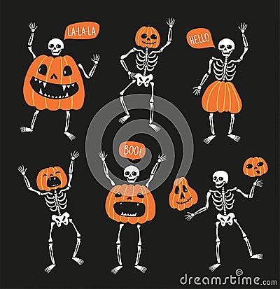 Set of funny skeletons with pumpkins. Cute design for greeting card for Halloween, sticker set or Halloween party invitation. Stock Photo