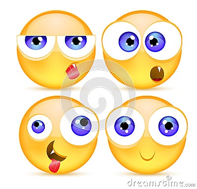 Set of funny smileys. Cute yellow facial expressions collection. Emoji. Vector illustration. Funny Cartoon Smileys. Vector Illustration