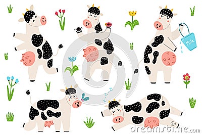 Set with funny spotted cows standing, sleeping, running Vector Illustration