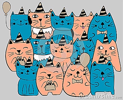 Set of funny stylized cats. Birthday party celebration. Blue and orange color. Hand drawn doodle vector illustration Vector Illustration