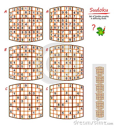 Set of funny Sudoku puzzles. 3 difficulty levels. Logic game for children and adults. Printable page for kids brain teaser book. Vector Illustration