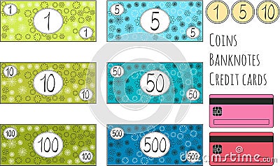 Set of funny vector banknotes, coins and credit cards for game. Isolated on white background. Money for playing shop, market, mark Vector Illustration