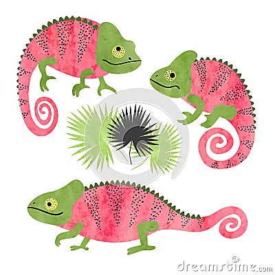 Set of funny watercolor chameleons. Vector lizards Vector Illustration