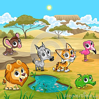 Set of funny wild animals in the nature Vector Illustration