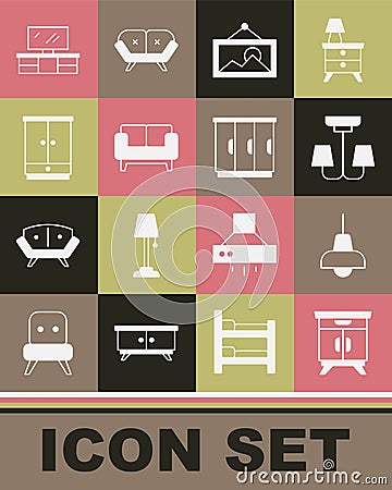 Set Furniture nightstand, Lamp hanging, Chandelier, Picture, Sofa, Wardrobe, TV table and icon. Vector Stock Photo