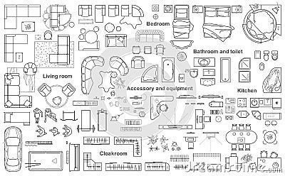 Set of furniture top view for apartments plan. The layout of the apartment design, technical drawing. Interior icon for bathrooms, Vector Illustration