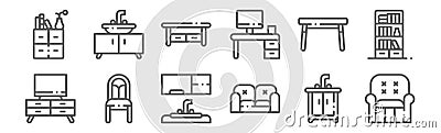 Set of 12 furnitures icons. outline thin line icons such as armchair, sofa, chair, dinning table, table, sink Vector Illustration