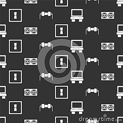 Set Fuse, Electrical outlet, Electric light switch and Resistor electricity on seamless pattern. Vector Vector Illustration