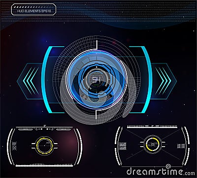 Set of futuristic blue infographics as head-up display. Display navigation elements for the web and app. Stock Photo