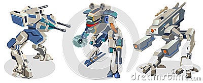 Set of futuristic cartoon space robots isolated on white background. Battle robots in space style. Vector illustration. Vector Illustration