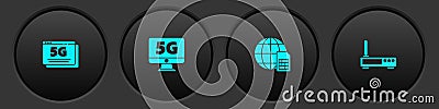 Set 5G network, Monitor with, Globe Sim Card and Router and wi-fi signal icon. Vector Vector Illustration