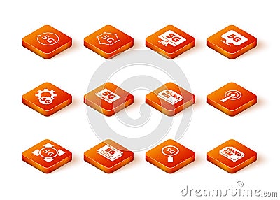 Set 5G network, Setting, Laptop with, Search, Micro Sim Card, Nano and Antenna icon. Vector Stock Photo