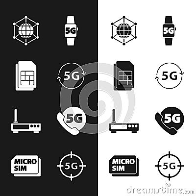 Set 5G network, Sim card, Social, Smart watch, Router and wi-fi signal, Phone with, and Micro Card icon. Vector Vector Illustration
