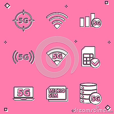 Set 5G network, Wi-Fi wireless, Sim card, Laptop with and Micro Card icon. Vector Vector Illustration