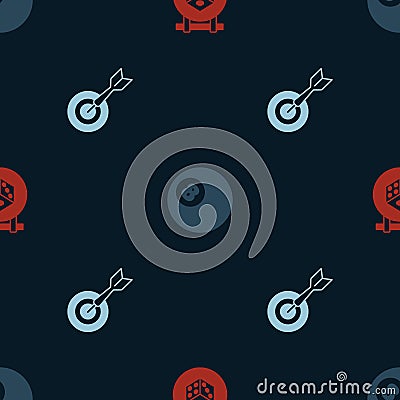 Set Game dice, Billiard pool snooker ball and Classic dart board and arrow on seamless pattern. Vector Vector Illustration