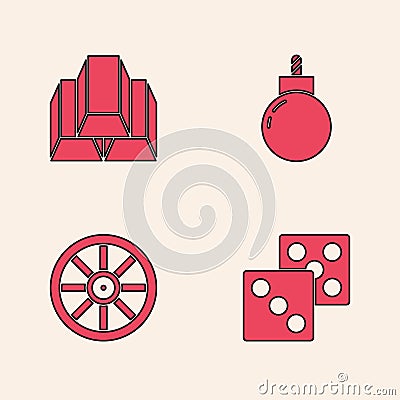 Set Game dice, Gold bars, Bomb ready to explode and Old wooden wheel icon. Vector Vector Illustration