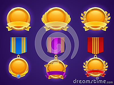 Set of game level ui icons, empty golden medals Vector Illustration