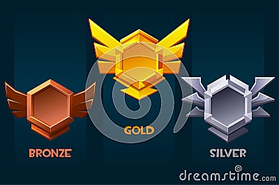 Set of game rank icons- bronze, silver and gold Vector Illustration