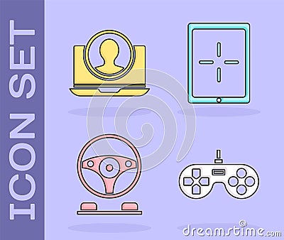 Set Gamepad, Create account screen, Racing simulator cockpit and Tablet icon. Vector Vector Illustration