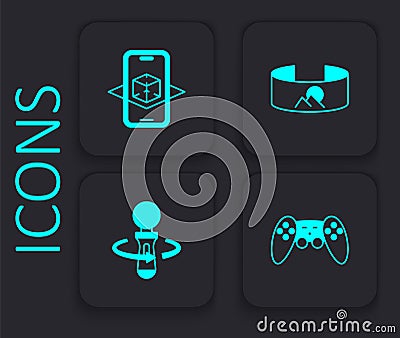 Set Gamepad, 3d modeling, 360 degree view and VR controller game icon. Black square button. Vector Vector Illustration