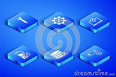 Set Gamepad service, Wrench, Database server, Blender, and screwdriver in gear and Laptop icon. Vector Vector Illustration