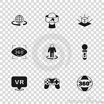 Set Gamepad, VR controller game, 360 degree view, 3d modeling, Virtual reality glasses and icon. Vector Stock Photo