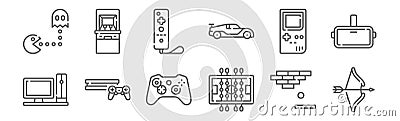 Set of 12 gaming icons. outline thin line icons such as bow, table soccer, game console, handheld console, game controller, arcade Vector Illustration