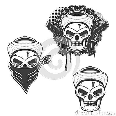 Set of gangsta skulls on white background. Design elem Vector Illustration