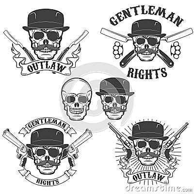 Set of gangsta skulls on white background. Design elem Vector Illustration