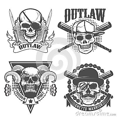 Set of gangster emblems. Skull with two crossed knives Vector Illustration