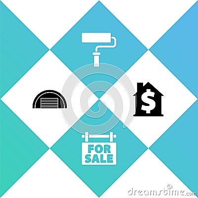 Set Garage, Hanging sign with For Sale, Paint roller brush and House dollar symbol icon. Vector Stock Photo