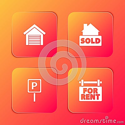 Set Garage, Hanging sign with text Sold, Parking and For Rent icon. Vector Vector Illustration