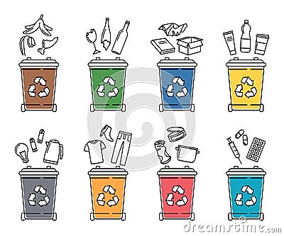 Set of garbage bins for recycling different types of waste. Sorting and recycling waste. Vector illustration Vector Illustration